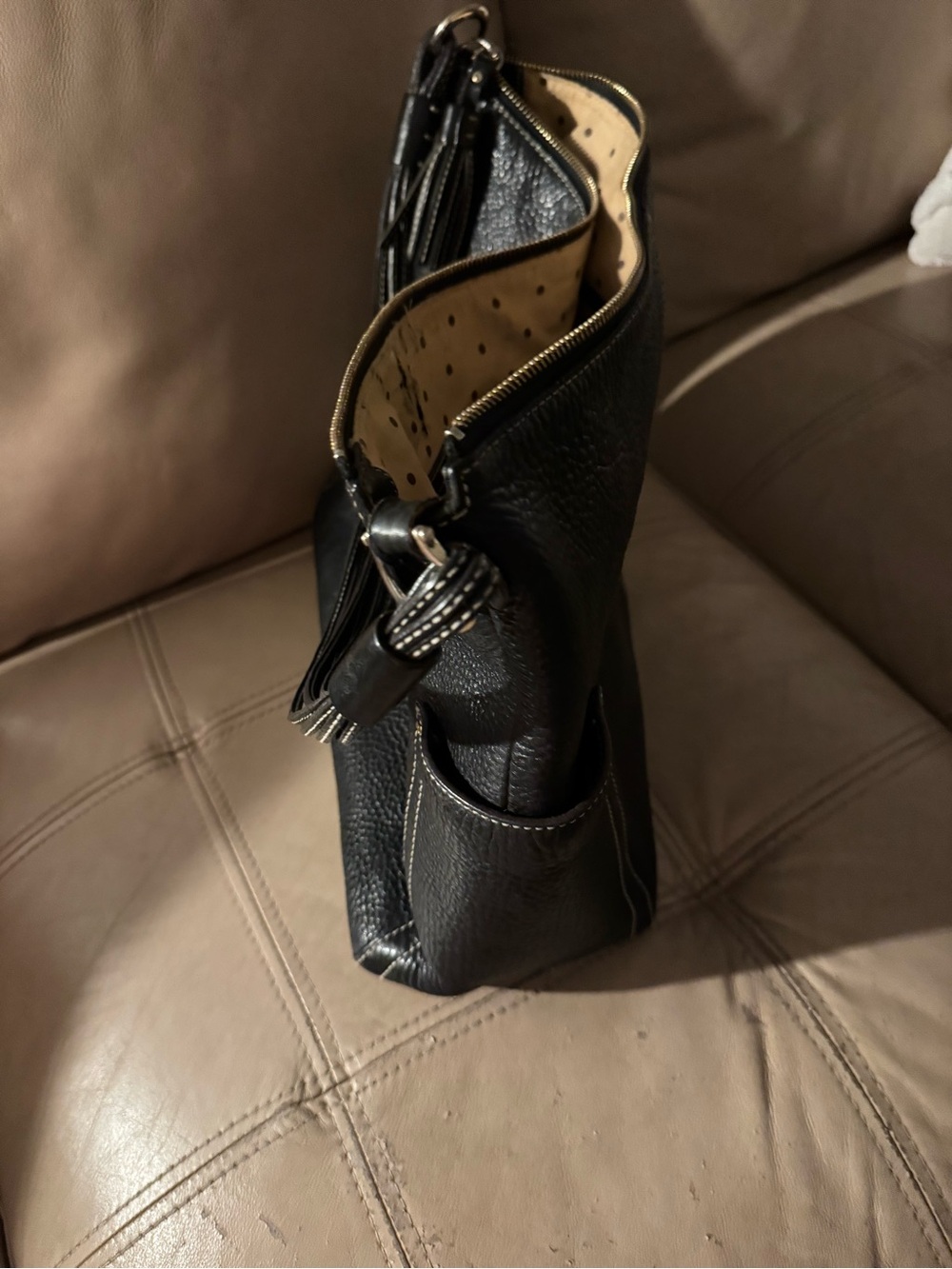kate spade Black Pebbled Leather Messenger Bag with Tassel